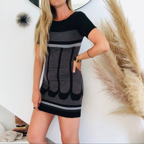 SANDRO FERRONE Black Gray Printed Sweater Short Sleeve Bodycon Mini Dress XS - Picture 7 of 8